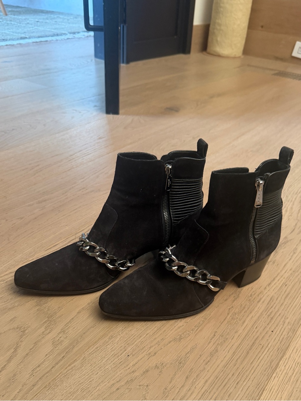 Balmain Black Suede Ankle Boots with Silver Chain Y2K